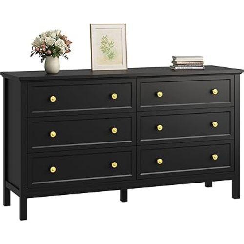 CARPETNAL Black Dresser for Bedroom, 6 Drawer Dresser with Wide Drawer and Metal Handles, 55" Black and Gold Dresser, Wood Dressers & Chests of Drawers for Hallway, Entryway.