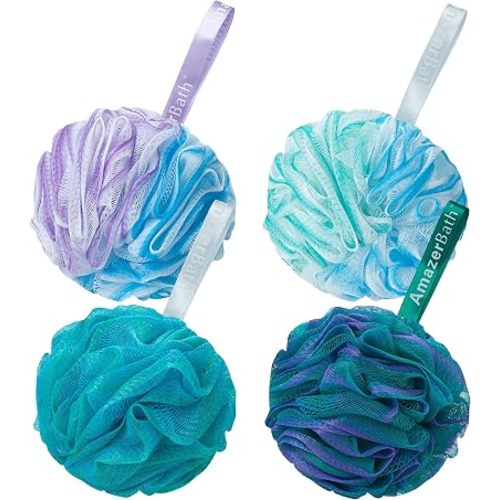 AmazerBath Loofah Sponge 75g/Piece, Exfoliating Bath Sponge Body Scrubber - Loofa Set of 4 Flower Color (Large, Green-Purple)
