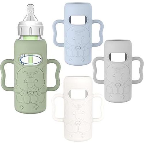 KingKam 4 Pack Silicone Sleeves for Dr. Brown's Glass Baby Bottles, Drop Protection Easy-Grip Baby Bottle Sleeves Holder with Handles, Compatible with Dr. Brown's Narrow Glass Bottles 8oz