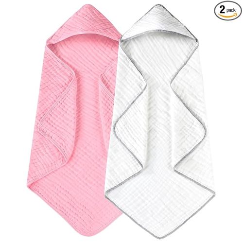 Yoofoss Hooded Baby Towels for Newborn 2 Pack 100% Muslin Organic Cotton Baby Bath Towel with Hood for Babies, Infant, Toddler and Kids, 32x32Inch, Soft and Absorbent Newborn Essential,White and Pink