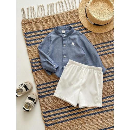 2 Pieces Babyboy Cute Summer Casual Versatile Simple Urban Long-Sleeve Stand Collar Shirt And Shorts Set Suitable For Birthday Parties, Galas, Performances, Weddings, Full Moon Celebrations, Baptisms, And First Birthday Celebrations/Baby Showers | SHEIN U