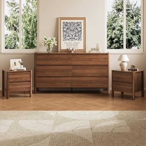 MAISONARIA Walnut 3-Piece Dresser Bedroom Set, 6 Drawers Dresser & 2 Drawer Nightstands with Hidden Handles, Wood Chest of Drawers for Bedroom, Living Room, Entryway