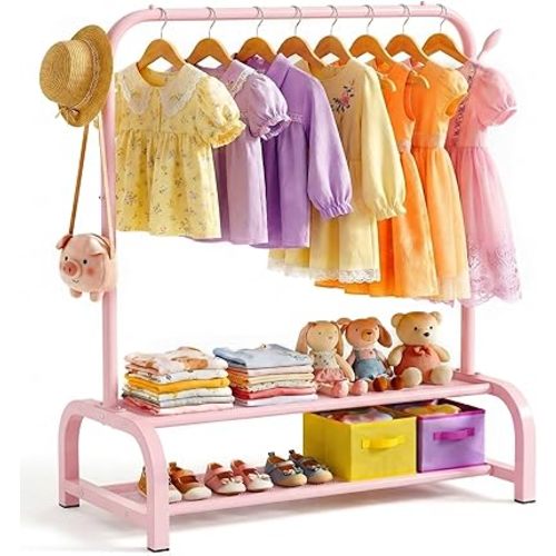 Kids Clothes Rack, Montessori Kids Clothing Rack for Ages 3-6 with 2 Fabric Storage Shelves & Hooks, Toddler Dress Up Rack for Costumes, Princess Dresses and Shoes, Pink
