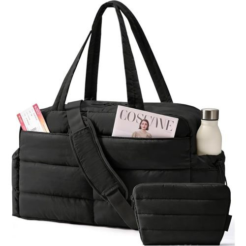 BAGSMART Gym Bag for Women, Lightweight Puffer Duffle Bag 2-PC Travel Bag, 31L Weekender Overnight Bag Quilted Carry On Tote Bag, Diaper Hospital Dance bag for Travel, Gym, Water Resistant, Black