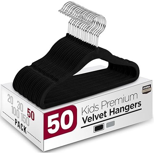 Utopia Home Kids Velvet Hangers 50 Pack – 11 Inch Non-Slip Baby Hangers for Baby and Toddlers, Durable Ultra-Slim Space-Saving Closet Organizers (Black)