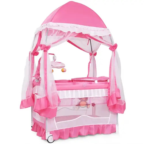 BABY JOY 4 in 1 Pack and Play with Canopy, Portable Baby Playard with Bassinet, Double-Layer Baby Crib, Wheels & Brake, Foldable Baby Girl Pink Bassinet from Newborn to Toddler
