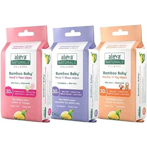 Aleva Naturals Bamboo Baby Wipes Variety Pack - 3 Piece Wipes Set- Hand 'n' Face, Nose 'n' Blows, Pacifier & Toy Wipes- Natural, Organic, Hypoallergenic, Biodegradable, Ultra-Soft, Unbleached