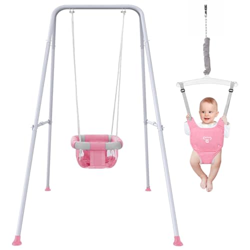 2 in 1 Baby Jumper with Swing - Indoor and Outdoor Use, Toddler Swing with Foldable Stand （Pink）