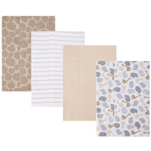 Hudson Baby Unisex Baby Cotton Poly Flannel Burp Cloths, Safari Friends 4-Pack, One Size