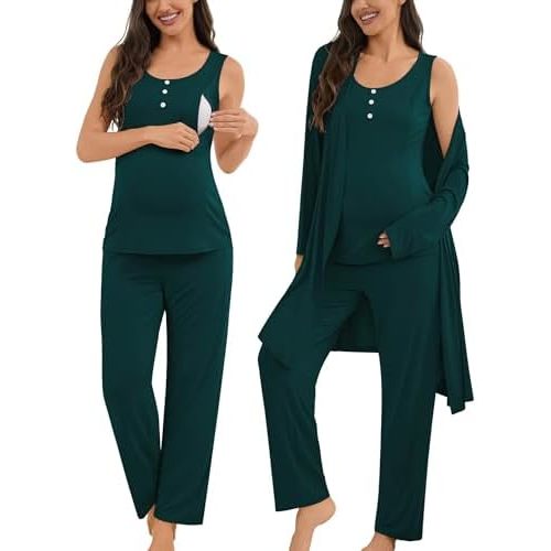 SWOMOG Maternity Nursing Robe Set 3 Piece Women Postpartum Pajamas Breastfeeding 3 in 1 Labor Delivery Zipper Pregnancy Pjs