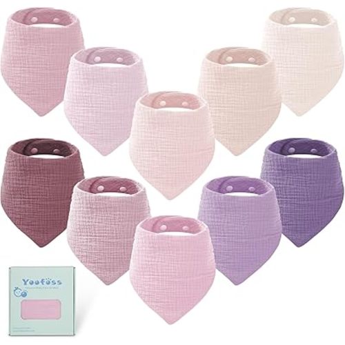 Yoofoss Muslin Baby Bibs 10 Pack 100% Organic Cotton 6-Layer Soft Absorbent Drool Bandana Baby Bibs for Drooling and Teething for Boys and Girls, Gradient Purple