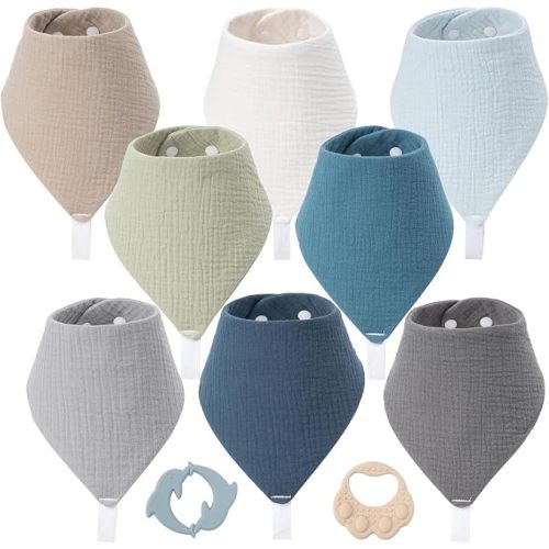 Soft Muslin Baby Bandana Drool Bibs for Boys & Girls, Absorbent Infant Teething Bib with 2 Teethers & Snaps