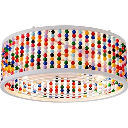 Ceiling Fans with Lights and Remote - Bulbs Included, Caged Fandelier with Handcrafted Beaded Décor 19 inches Reversible Flush Mount Installation Ceiling Fan, Colorful