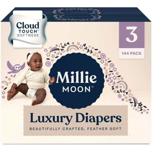Millie_Moon Luxury Diapers, Size 3, 144 Pack, Cloud Touch Softness, 12 Hour Absorbency, Feather Soft