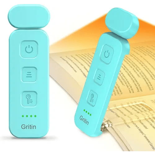 Gritin Reading Light, Rechargeable Book Light for Reading in Bed - Eye Caring 3 Color Temperatures, 5-Level Dimmable Brightness, Long Lasting, Compact Size Clip on Book Lamp for Bookworms-Blue