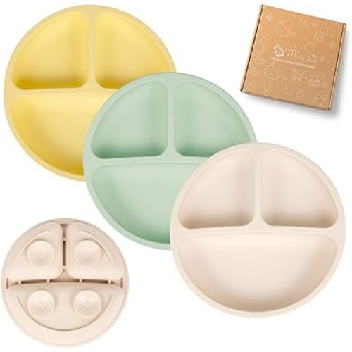 Mia Li Suction Plates for Baby – Set of 3 Toddler Plates with Suction – Cute and Colorful Silicone Plates for Weaning – Ideal for Baby Feeding, Food Storage (Sand, Sage & Honey)