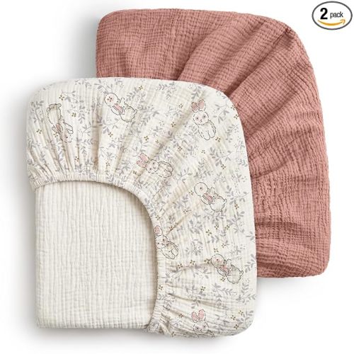 Blissful Diary Muslin Crib Sheets, 2 Pack, Blush Bunny Floral & Dusty Pink | fitted for 52''x28'' crib mattress, soft and breathable cotton, boho style, easy care for machine wash, gift for boy and girl