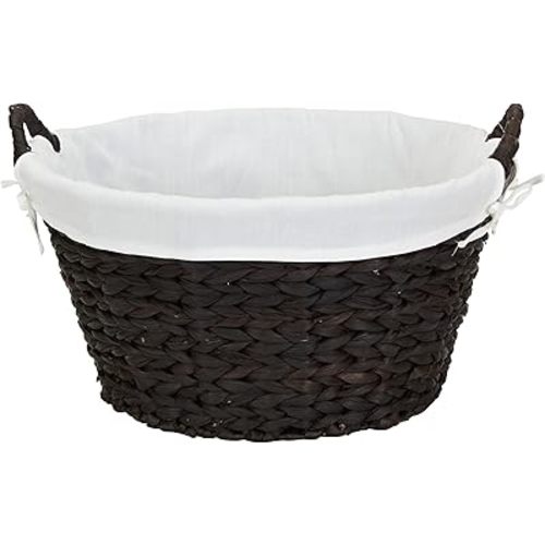Household Essentials Round Wicker Laundry Basket with Handles, Whimsical Water Hyacinth Basket, Supportive Metal Frame, Removable Polyester Liner, Handwoven, Well-Structured and Versatile, Brown