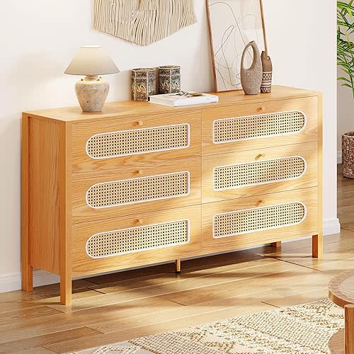 DWVO Buffet Cabinet Rattan - Storage Cabinet with 6 Wood Storage Closet Dressers Chest - Coffee Bar Cabinet with Drawer-Accent Cabinet with Golden Handles for Living Room/Dining Room/Entryway-Natural