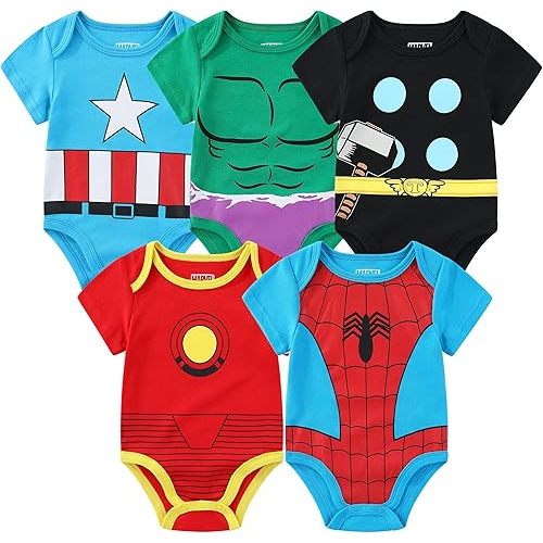 Marvel Avengers Baby Boys 5 Pack Short Sleeve Bodysuit for Newborn and Infants