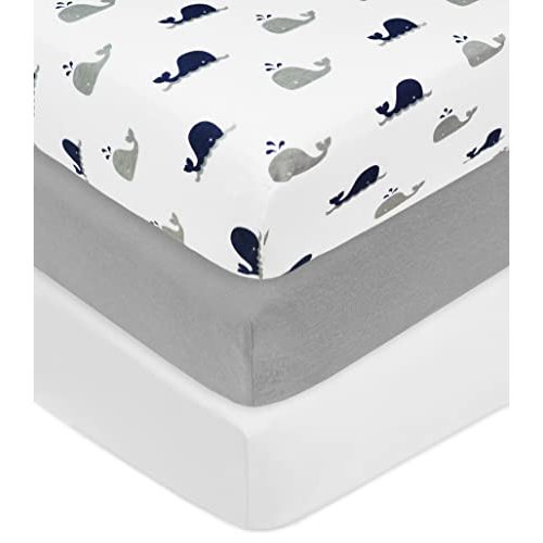 American Baby Company 3 Pack 100% Natural Cotton Fitted Crib Sheets 52" x 28" - Soft, Breathable, Hypoallergenic & Gentle Toddler Bed Sheets, Navy Whale/Gray/White, Neutral for Boys & Girls