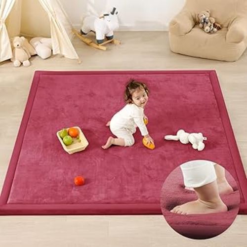 1.3" Thick Baby Play Mat for Floor, 39x59 Foam Tummy Time Mat, Padded Support Soft Plush Nursery Rug for Infant Kids Toddler Crawling Kick Activity (Burgundy)