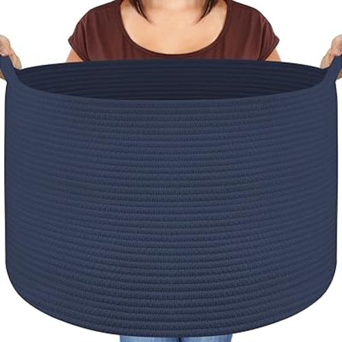 Extra Large Blanket Basket, Maliton Cotton Rope Bin for Toys, Woven Laundry Hamper with Handles, Decorative Storage for Living Room, Bedroom, Kids Room, Bathroom, 22" x 22" x 14", Blue