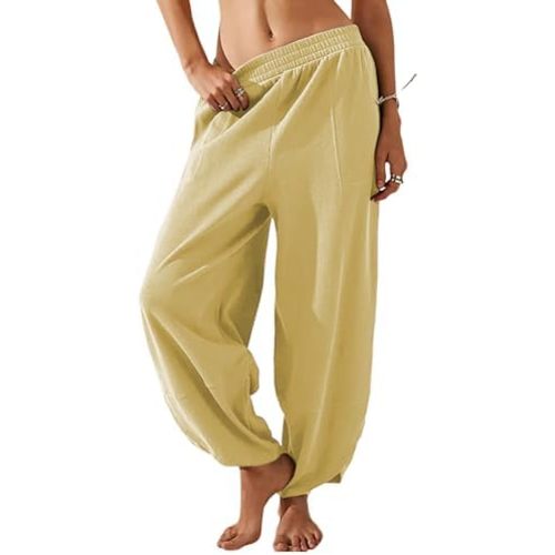 Springrain Womens Baggy Wide Leg Pants Cotton Elastic Waisted Loose Palazzo Harem Pants with Pockets