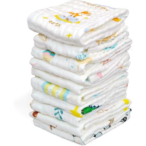 FOOK FISH Muslin Burp Cloths Large 20''x10'' 10 Packs for Baby Spit Up Cloths for Newborn,Absorbent,Soft,Large,6 Layers Baby Burp Rags,Unisex,for Boys and Girls (Animals)