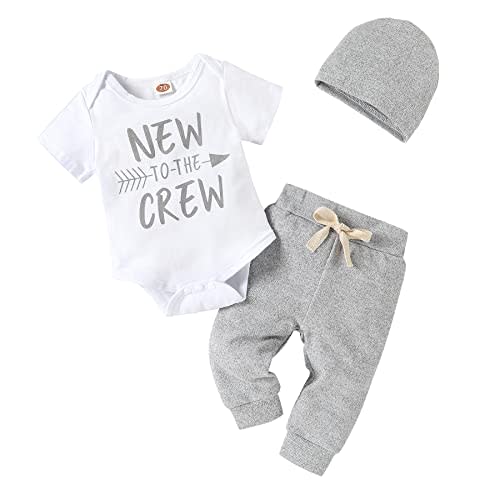 Happy Town 3Pcs Baby Boy Clothes Newborn Infant Bodysuit Summer Cotton Short Sleeve Romper +Pants+Hat Outfits Set (White New Crew, 0-3 Months)