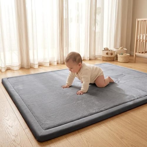 ACOMOPACK Baby Play Mat for Floor,1.3" Thick Elasti-Foam 59"×71" Non-Slip Water Repellent,Non-Toxic Playpen Mat for Infants Toddlers Kids, Ultra Soft Coral Velvet for Tummy Time Crawling(Dark Grey)