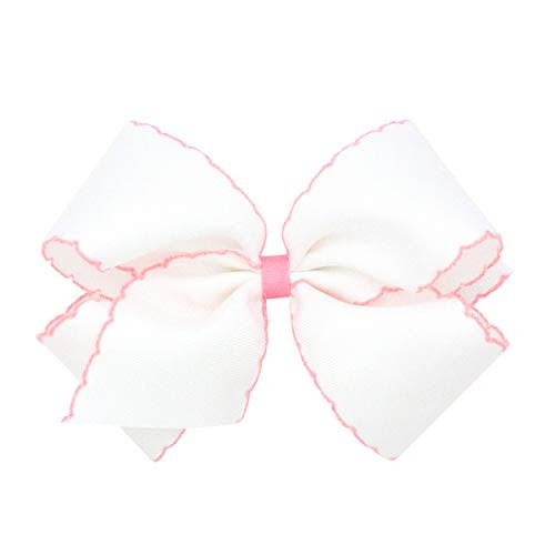 Wee Ones Girls' Classic Grosgrain Moonstitch Edge Hair Bow on a WeeStay Hair Clip, Contrasting Edge, King, White with Light Pink