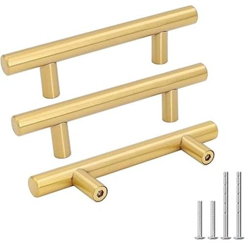 goldenwarm 10 Pack Gold Cabinet Handles Brushed Brass Drawer Pulls Gold Cabinet Pulls 3 inch - Kitchen Door Handles and Knobs Bathroom Bedroom Furniture Knobs Stainless Steel
