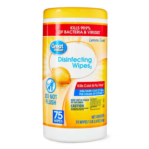 Great Value Lemon Scent Disinfecting Wipes, 75 Count, Kills 99.9% of Bacteria and Viruses