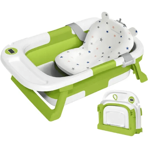 Collapsible Baby Bathtub,Baby Bath Tub with Thermometer & Soft Cushion,Baby Bathtub for Newborn to Toddler 0-36 Months,Portable Travel Baby Tub with No-Slip Feet,Baby Shower Gifts,Green