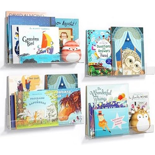 NIUBEE 16.5-Inch Acrylic Floating Bookshelves, 4-Pack, Clear Modern Wall Shelves for Child/Toddler， Invisible Ledge Book Shelves for Multi-Layer or Multi-Room Storage in Kids’ Rooms and Family Spaces