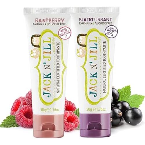 Jack N' Jill Natural Toddler Toothpaste - Fluoride Free Training Toothpaste for Toddlers 1-3, 40% Xylitol, BPA Free - Raspberry & Blackcurrant, 1.76 oz (2 Pack)
