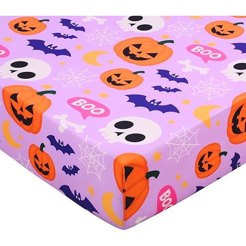 Halloween Crib Sheets, Baby Fitted Crib Sheet with Pumpkins, Skeletons, Bats, Measuring 52" x 28" to fit Standard Crib and Toddler Mattresses, Purple
