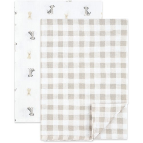 Little Haven Muslin Wraps 2 Pack - Natural Check/Dogs