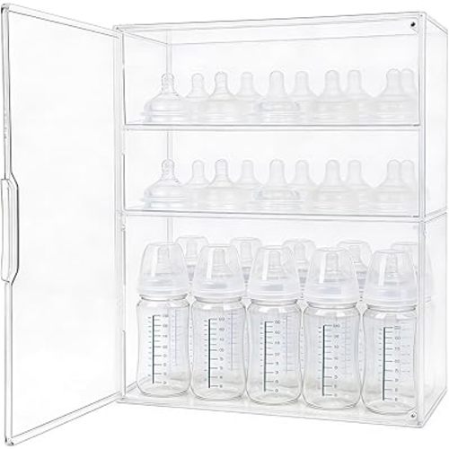 Baby Bottle Organizer, 3-Tier Clear Acrylic Storage Box with 2 Removable Dividers & Magnetic Door Large Capacity Bottle Drying Rack & Feeding Accessories Holder for Countertop Cabinet