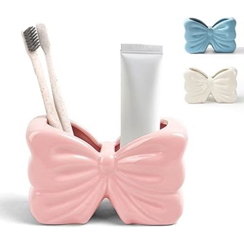 Bow Toothbrush Holder， 2-Slot Toothbrush and Toothpaste Holder Cute Toothbrush Holder Set, Bathroom Counter Organizer for Bathroom，Electric Toothbrushes, Floss, Razors - Pink