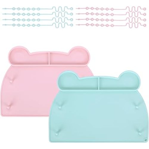 2 Pack Baby Silicone Mat，with Suction Base and 8 Stretchable Straps, Bear Food Grade Toddler Place Mat for Dining Table & Restaurants Baby Eating，Placemats for Restaurants, Pink Green