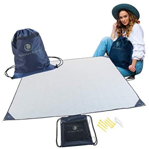 POP 'N GO Beach Blanket - 7 x 7 Foot Waterproof, Outdoor Picnic Blankets with Weighted Corners, Sand & Ground Stakes, Travel Bag - Vacation Essentials - Whimsical Waves