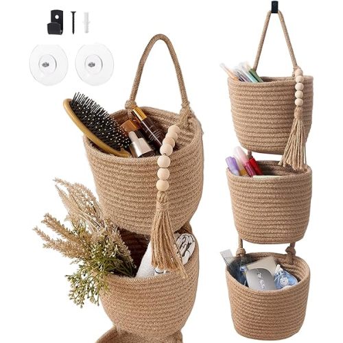 Fabric Wall Hanging Organizers - Small Woven Baskets Pouches Set Boho Style Wall Mounted Bag with Adhesive Hook, Storage Decoration Pocket Caddy for Closet Playroom RV Nursery (Linen & Black)