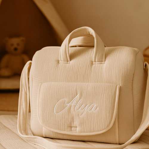 Beige cotton gauze changing bag – customizable with first name – flocking or embroidery – soft baby maternity bag