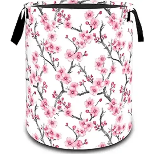Cherry Blossom Floral Branch Laundry Basket, Dirty Collapsible Clothes Toy Organizer Hamper for Kids Adults, Oxford Cloth Waterproof Storage Bin for Bathroom Home Decor Gifts, 19.7"X15.7"