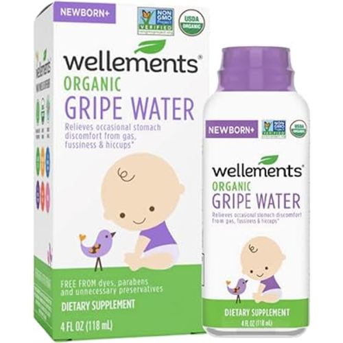 Wellements Organic Gripe Water 4 Fl Oz, Relief for Occasional Baby Gas, Colic & Fussiness, Herbal Remedy Of Chamomile, Fennel Seed & Ginger Root, USDA Certified Organic, Gluten Free & Non GMO, Ages Newborn+