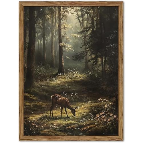 Framed Vintage Forest Deer Canvas Wall Art, Rustic Nature Landscape Paintings Wall Decor, Woodland Animal Pictures Prints Cottagecore Home Decor for Living Room Bedroom Office 8x10inch