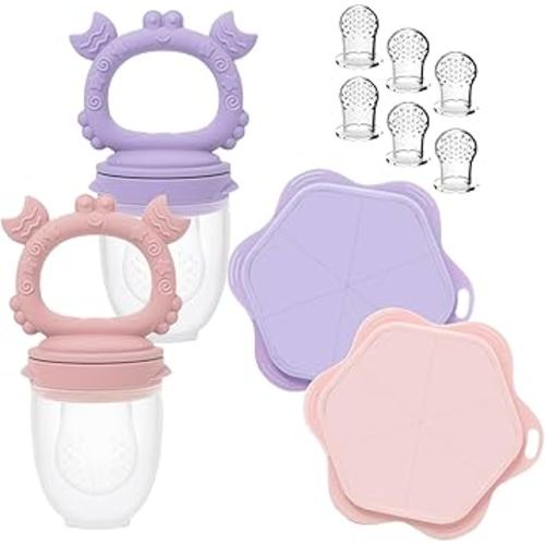 Ginbear Baby Fruit Food Feeder & Popsicle Molds Combo (Set of 2), Silicone Teething Feeders with Freezer Tray for Infants 4 Months+ (Pink/Lilac)
