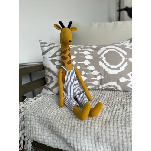 Handmade Heirloom Linen Giraffe in Overalls Stuffed Animal, Toddler & Baby Gift, Nursery Decor, Baby Shower Gift